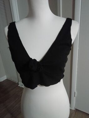 love J Black Ribbed Knot-Front Crop Top